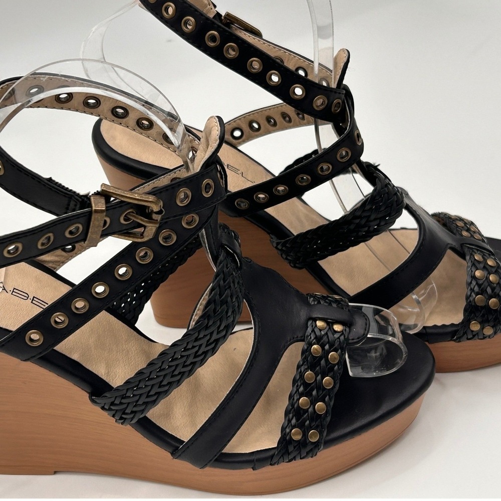 C.Label Baldwin Black Braided Studded Platform Wedge Sandals Size 8.5